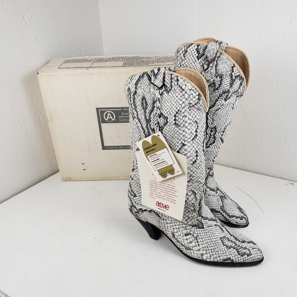 Acme Miss Rodeo USA Snakeskin Print Western Boots Sz 10 Grey White 6705 Vintage